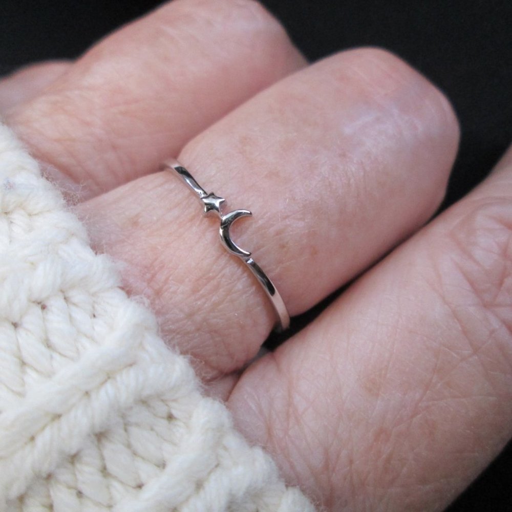 Dainty 925 Sterling Crescent Moon & Star Ring, 925 Celestial Ring, Minimalist